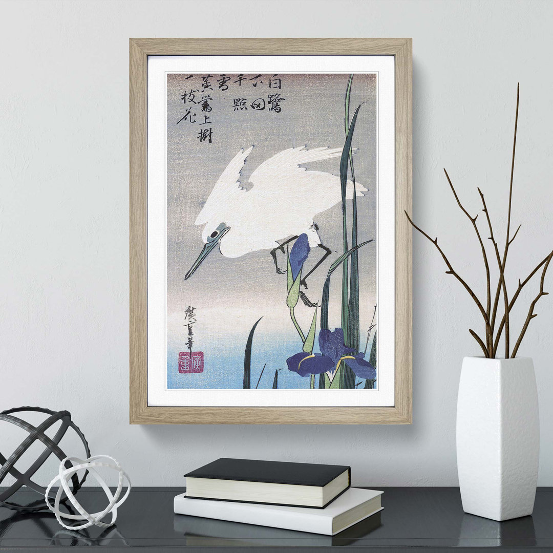 White Heron & Irises by Utagawa Hiroshige - Framed Print