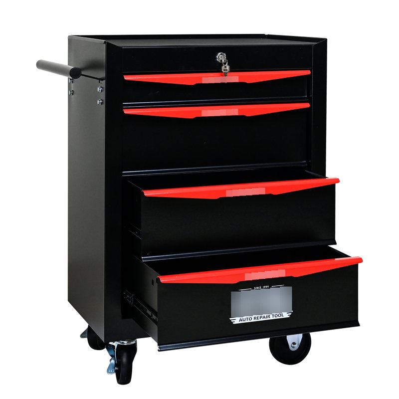 Coffre à outils de 20 po avec 4 tiroirs - Armoire métallique roulante, noir et rouge, acier, boîte en acier universelle, roues, espace pour outils supplémentaires
