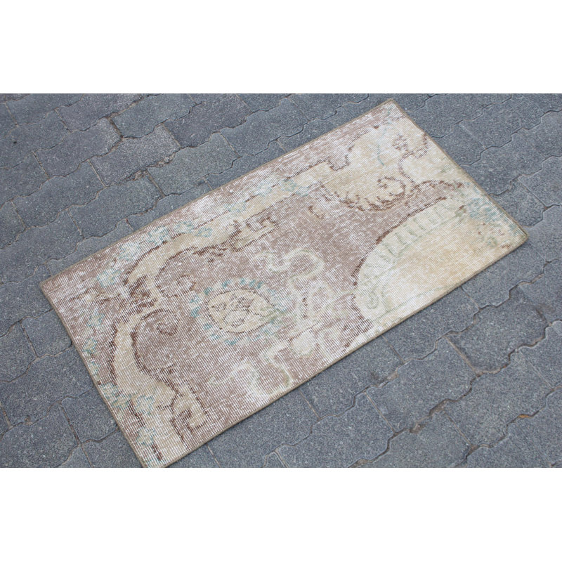 Small Vintage Turkish Anatolian Oushak Rug for Bathroom - Neutral Antique Brown Door Mat Boho