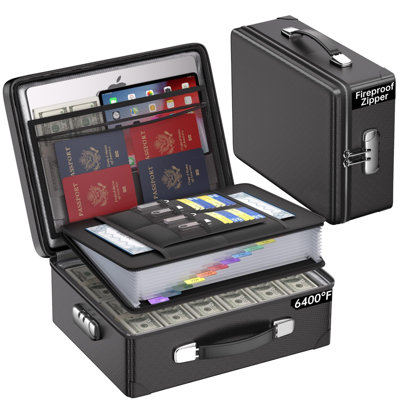 6400°F Fireproof Document Box Hard Lock And Zipper Heat Insulated Water Resistant Safe File Box For Important A4 Documents Valuables