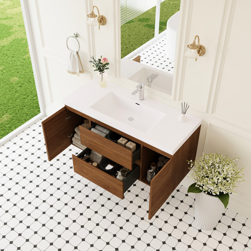 Meuble-lavabo flottant 48 po avec lavabo et rangement mural, lavabo à surface solide, tiroirs à fermeture en douceur, noyer doré miel entièrement fabriqué, conception fonctionnelle pour l'organisation esthétique, résine