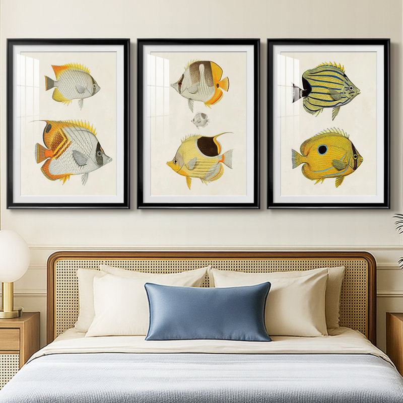 Poisson jaune et gris I - Impression personnalisée de qualité supérieure avec passe-partout - 3 pièces, Noir