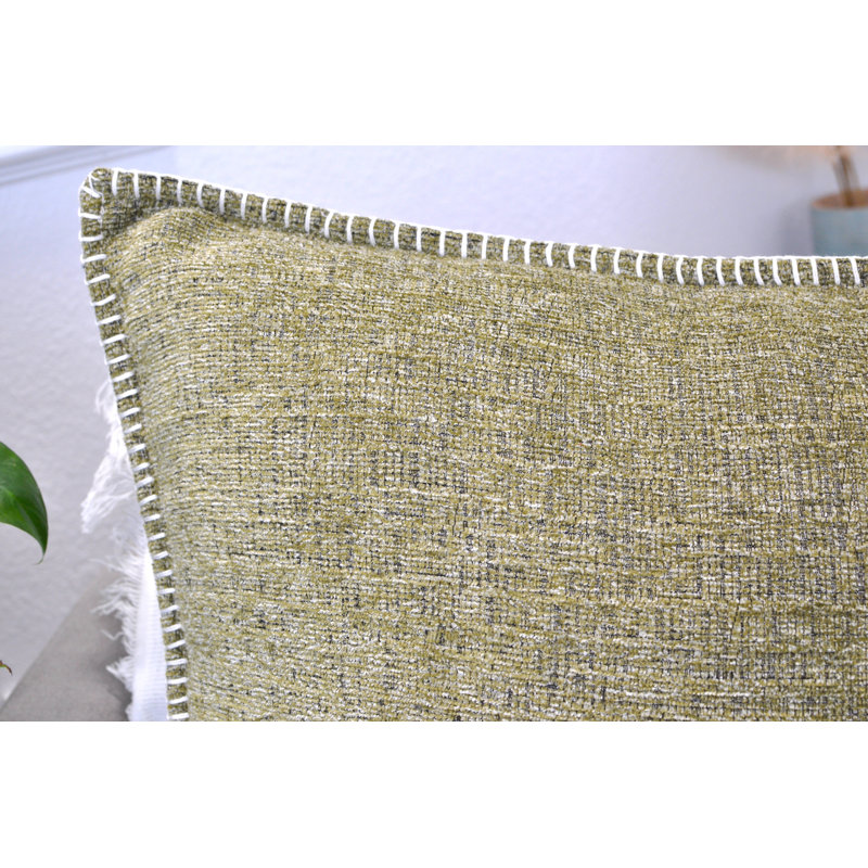 Olive Green Chenille Square Throw Pillow Covers with Stitched Edge, Set of 2