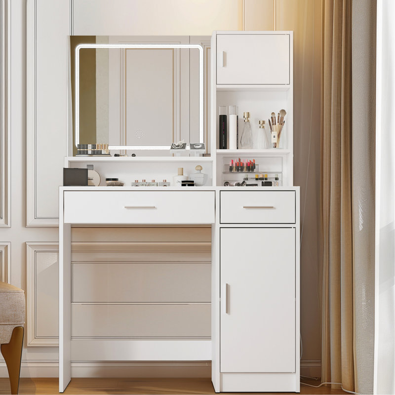 Coiffeuse avec miroir et bande à DEL, commode de rangement à 3 niveaux. Utilisation dans la chambre à coucher. Panneau de particules blanc, chambre à coucher d'une profondeur de 52,92 po X 15,61 po de hauteur