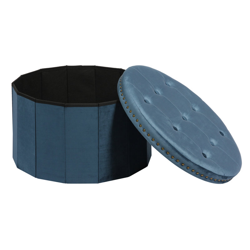 Evony 58cm Wide Velvet Tufted Round Solid Colour Ottoman with Storage, Blue