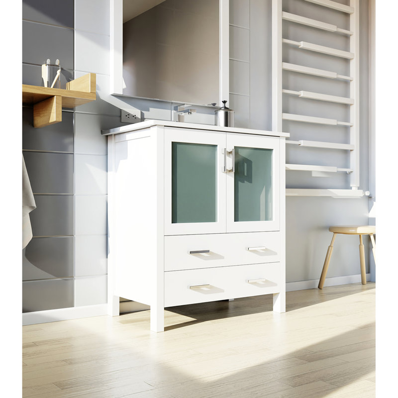 Blanc 30 po Large meuble-lavabo, 18,25 po de profondeur, comptoir en céramique, 28 miroirs, tiroirs à fermeture en douceur, rangement et fonction de comptoir à teinture pour salle de bain, meuble-lavabo longue durée à une armoire