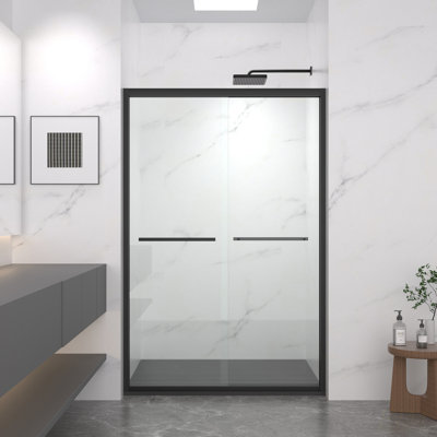 Porte de douche coulissante réglable en aluminium de 44 à 48 po x 72 po, verre trempé transparent avec quincaillerie noire, finition mate