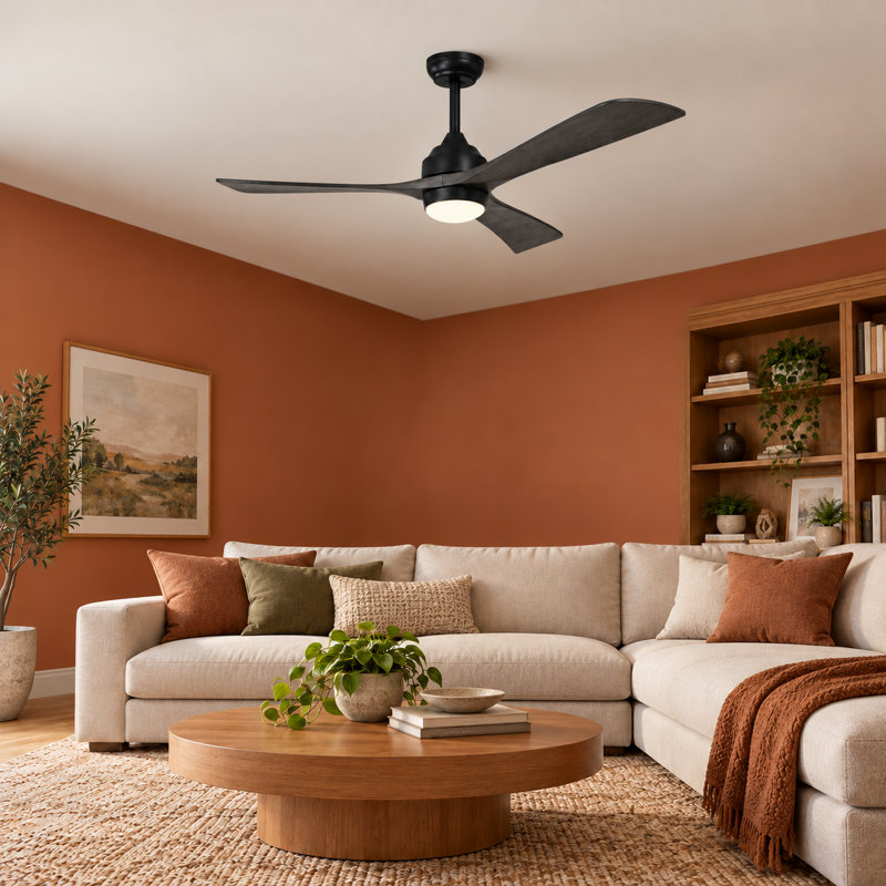 Ventilateur de plafond d'intérieur à DEL 52 po avec pales brunes intégrées Osie (3 pales), Noir, noir, noir, noir, Bois noir