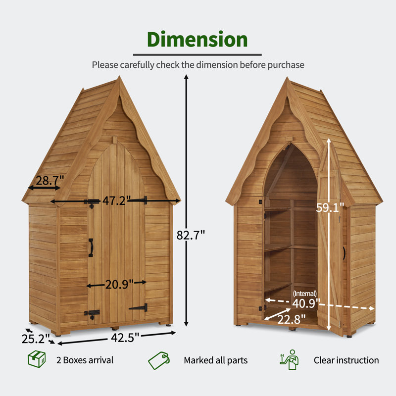 Natural Fir Wood Tall Outdoor Storage Shed with Wavy Roof
