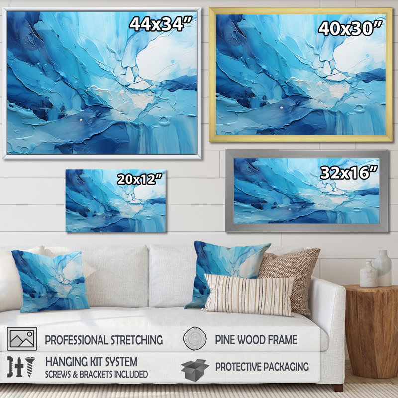 «Blue and White Cool Water Drip I - Abstract Collages, art mural sur toile, Cadre simple noir, H 12 po x l 20 po x P 1 po