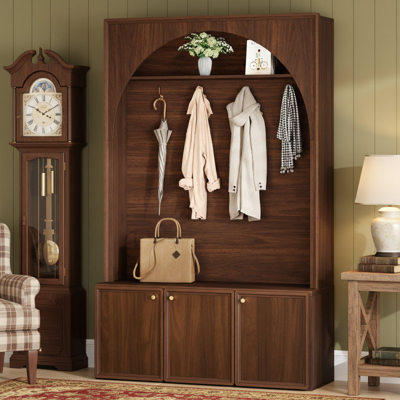 Hall Tree With Storage Bench, Coat Hook Storage, Arched Design, Contemporary, Entryway Organization, Walnut