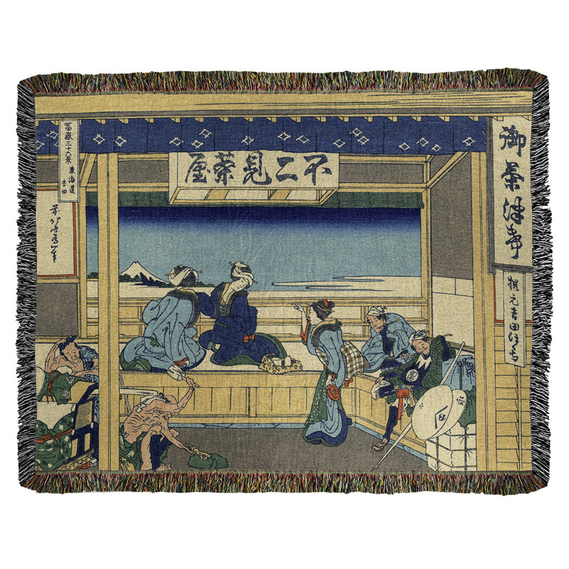 Jeté en coton Katsushika Hokusai Yoshida au Tokaido, Cannelle / Bleu