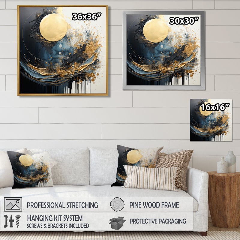 «Golden Full Moon Rising Ocean Waves II», art mural abstrait, Toile avec cadre flottant noir, H 16 po x l 16 po x P 1 po