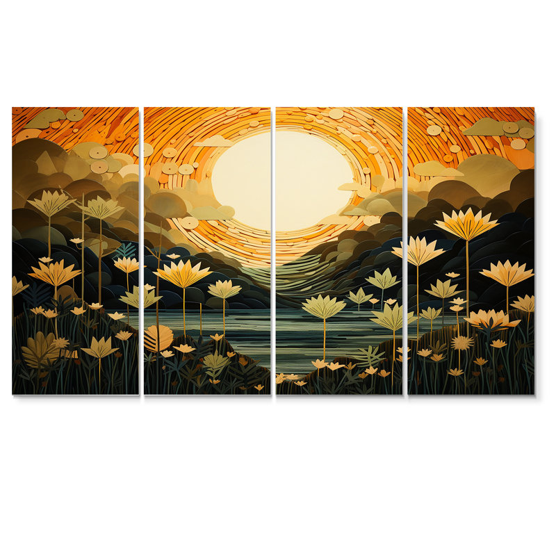 «Spring Flowers Full Moon Lake - Wildflowers», art mural sur toile 4 pièces, H 28 po x l 48 po