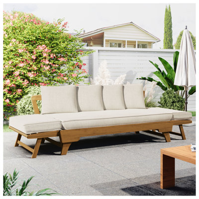 Acacia Wood Outdoor Patio Daybed Sofa with Foldable Arms, Teak and Beige Finish