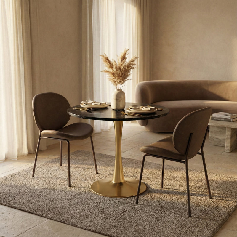 Table de salle à manger Bristol moderne avec plateau en panneau de fibres à densité moyenne et piédestal en acier inoxydable