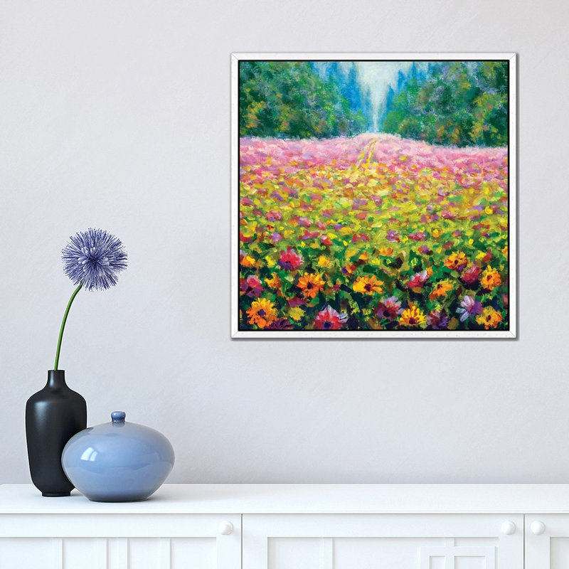 Beautiful Field Flowers In Forest by Valery Rybakow - Painting on Canvas, White Floater Frame, 45.72 cm H x 45.72 cm W