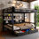 Lit superposé grand sur grand Bellemave avec tablettes et tiroirs de rangement, lits superposés en métal avec ports USB et lumières à DEL, structure de lit superposé non grinçant et stable pour les adolescents et les adultes, noir