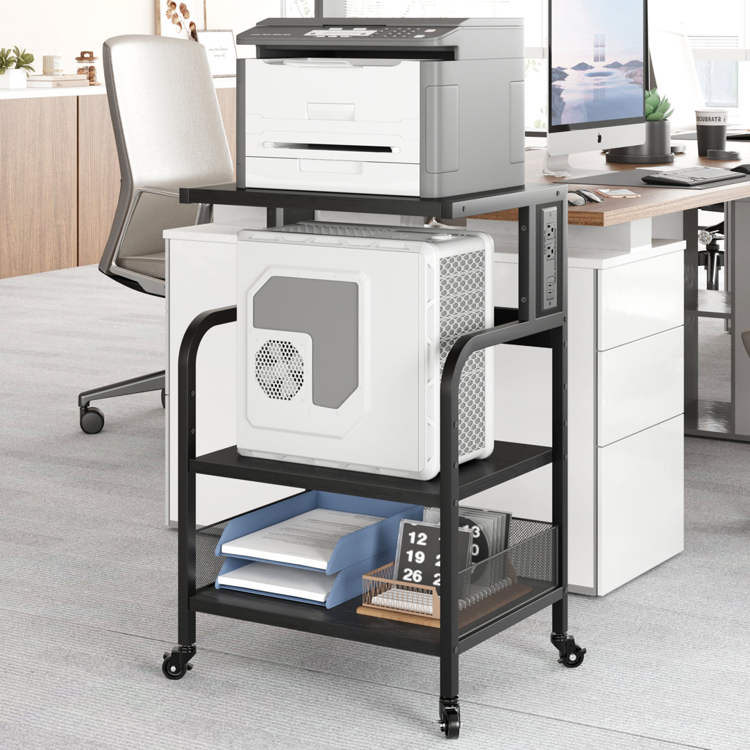 3-Tier Printer Stand with 2 AC Outlets and 2 USB Ports, Adjustable Shelves, Rolling Storage Cart with Lockable Castors, Metal Frame Under-Desk Organis