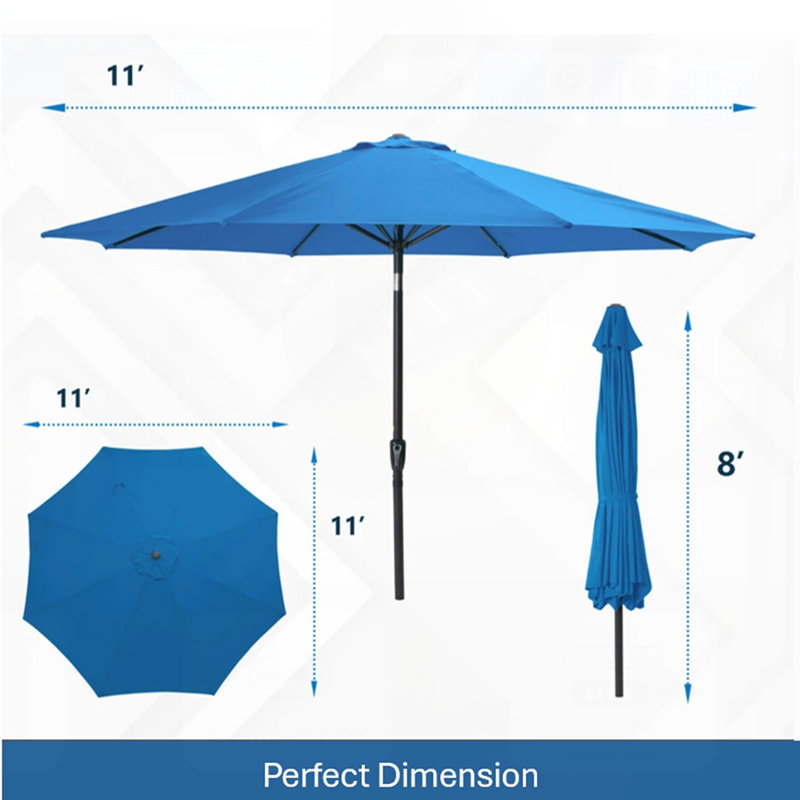 Parasol de marché 11 pieds avec manivelle, inclinable et pavillon résistant aux rayons UV pour les rassemblements extérieurs sans base