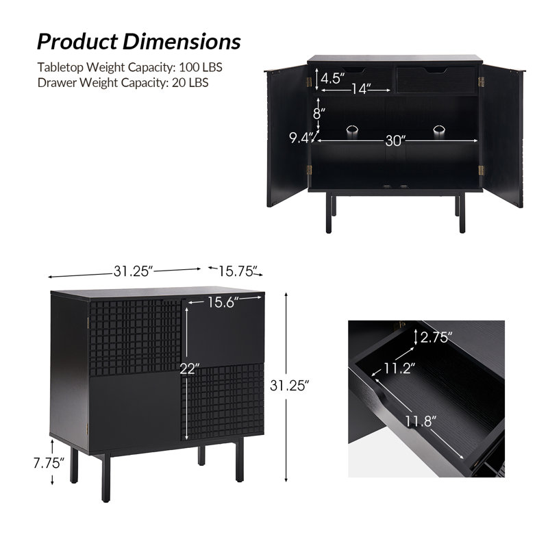 Chedo Metal Accent Cabinet with Drawers, Black