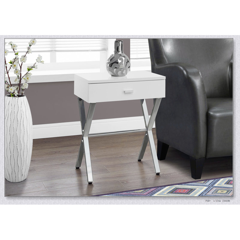 Élégante table d'appoint en métal chromé blanc brillant avec rangement, pour les salons et les chambres modernes., Blanc