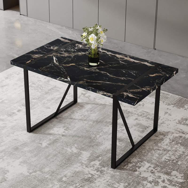 55" Modern Industrial Rectangle Dining Table for Small Spaces, Black Top / Black Base, 30"H x 55"L x 31.5"W