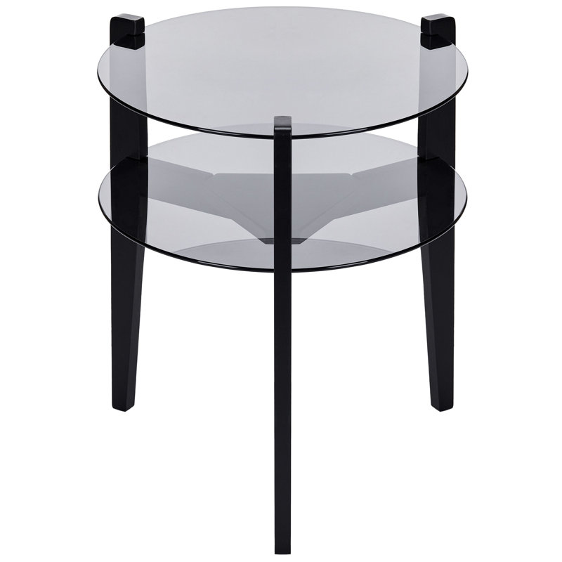 Table de bout ronde à deux niveaux avec tablettes en verre trempé et pieds en bois d'hévéa Magnum, Noir