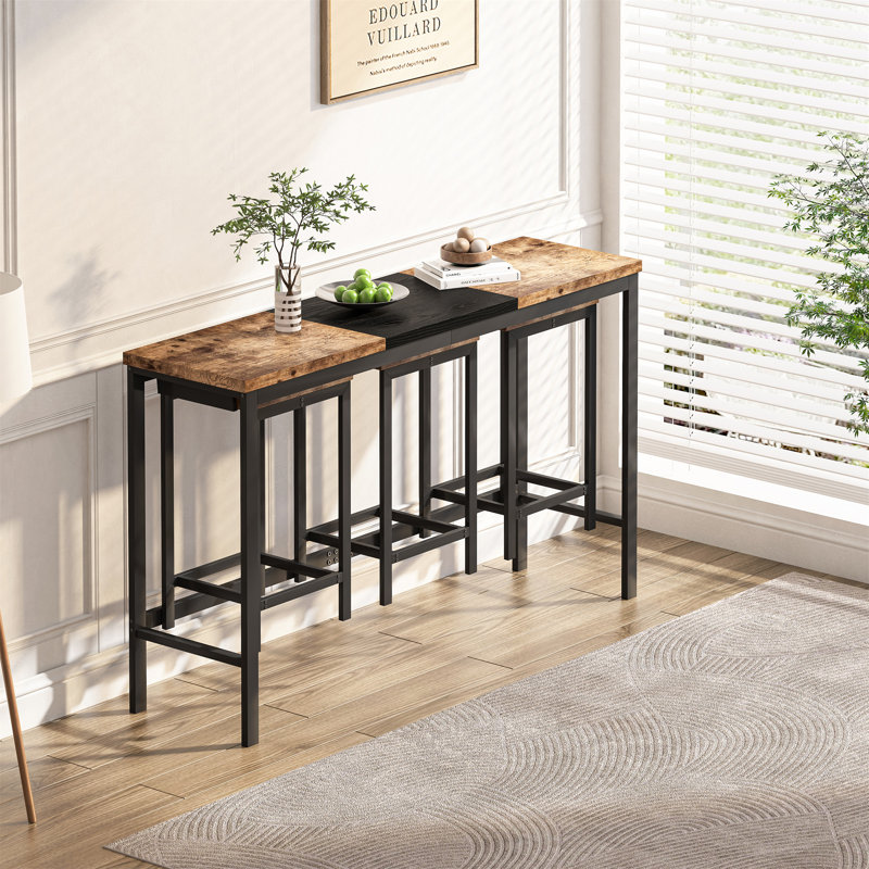Modern Design Kitchen Dining Table, Pub Table, Long Dining Table Set with 3 Stools, Easy Assembly, Natural/Black