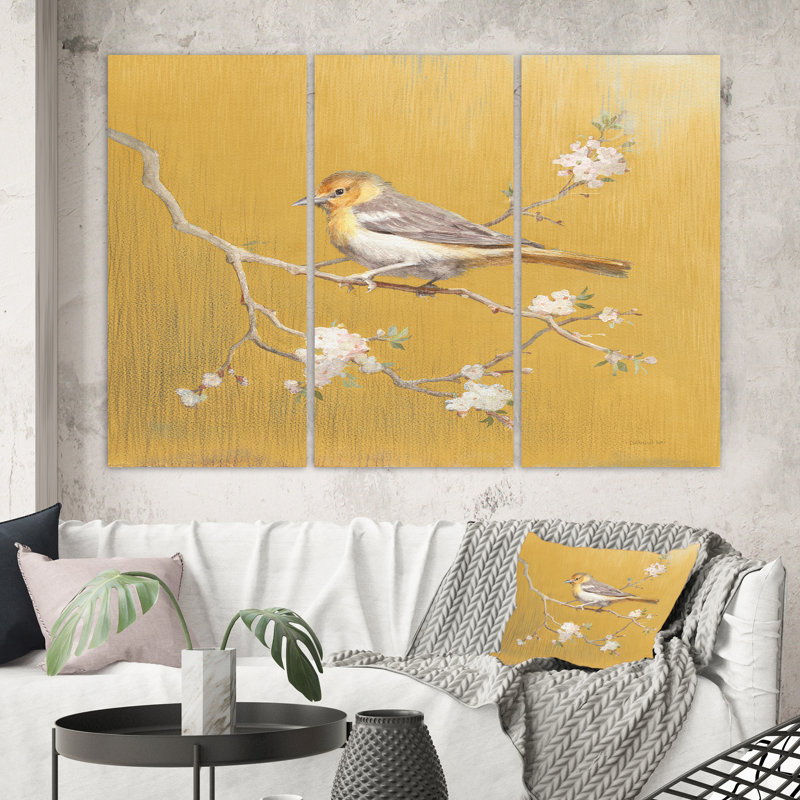 «Gold Bird on Blossoms I», ensemble de 3 reproductions d'art sur toile tendue, H 28 po x l 36 po x P 1 po