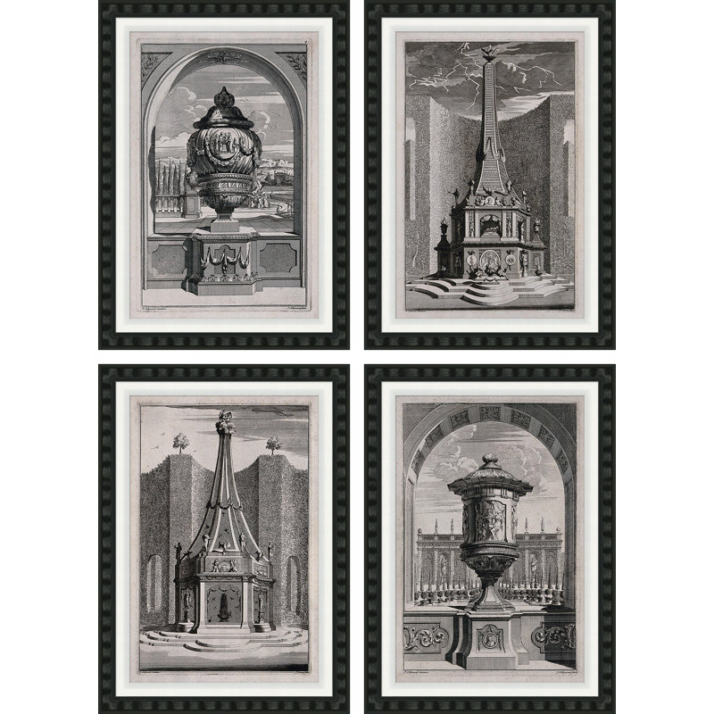 Ornements et conceptions de jardin et de parc - Ensemble de 4 peintures à cadre simple