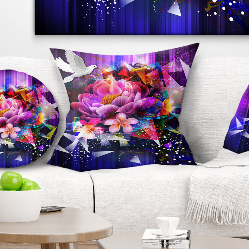 Motif floral abstrait avec colombe - imprimé floral, 16 po x 16 po, Coussin décoratif