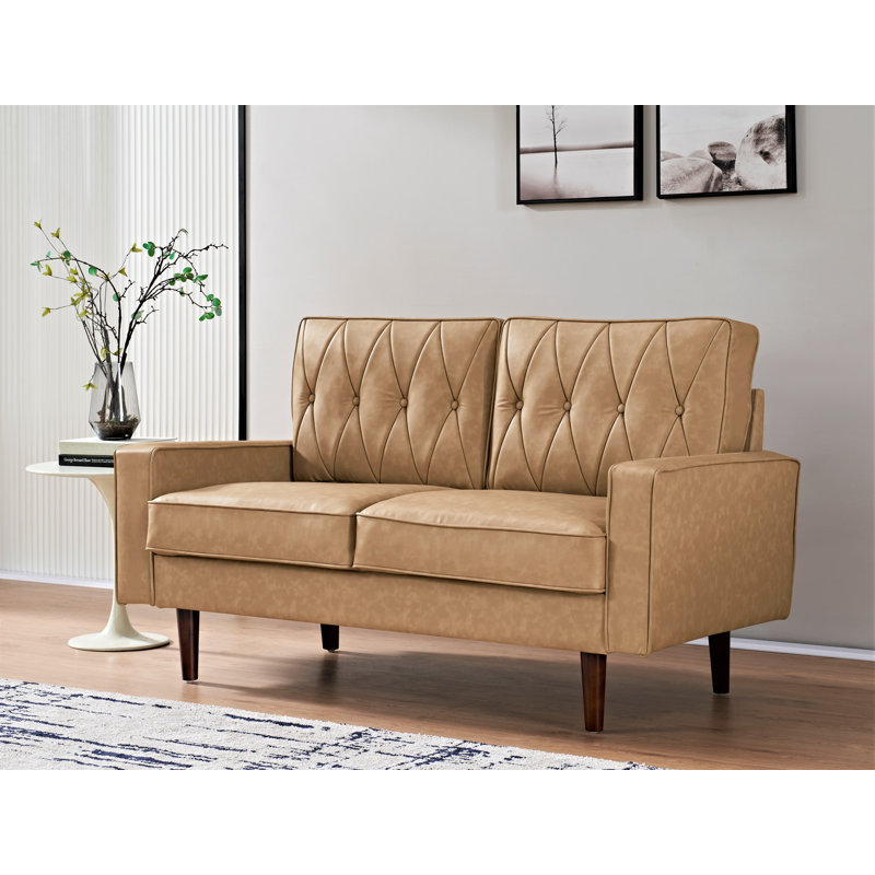 Faux Leather Square Arm Loveseat, Beige Faux Leather, 33" H x 57" W x 31" D