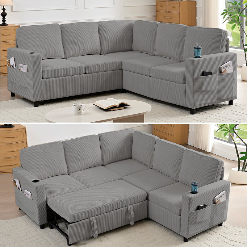 Modular Corduroy L-Shaped 3-in-1 Sleeper Sofa Bed with Storage, Light Grey, Light Gray Corduroy