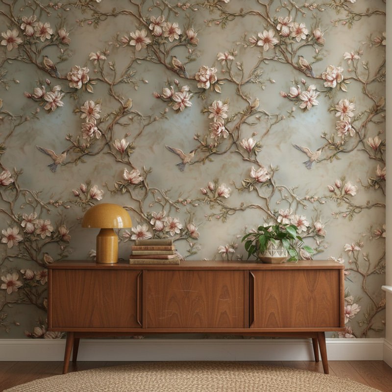 Papier peint floral avec décoration murale oiseaux magnolias