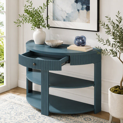 Console cannelée demi-lune avec tiroir et tablettes
