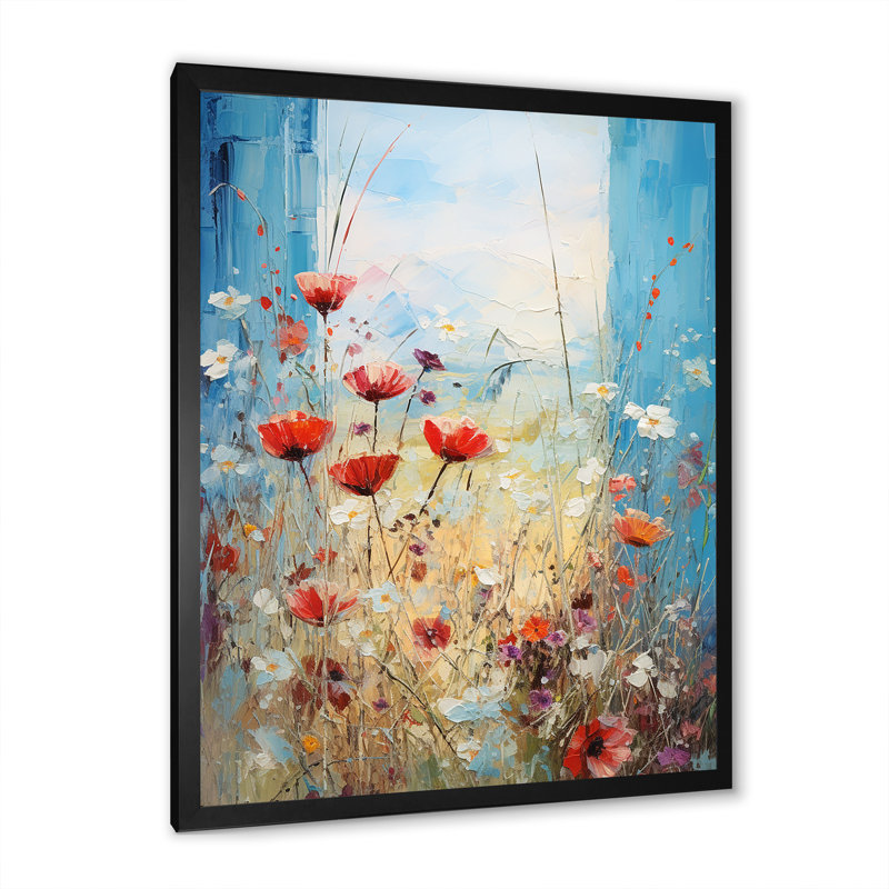 Rouge et blanc «Meadow View II», art mural prairie, Cadre simple noir, H 20 po x l 12 po x P 1 po