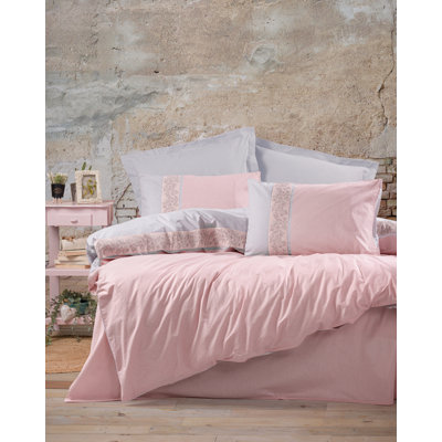 Ensemble de housse de courtepointe 100% coton Ranforce, rose et gris | Housse de couette 63 x 87, drap plat 63 x 95, taie d'oreiller 20 x 28 | Lavable à la machine, 145 fils, enveloppe et fermeture à boutons | Literie élégante et confortable