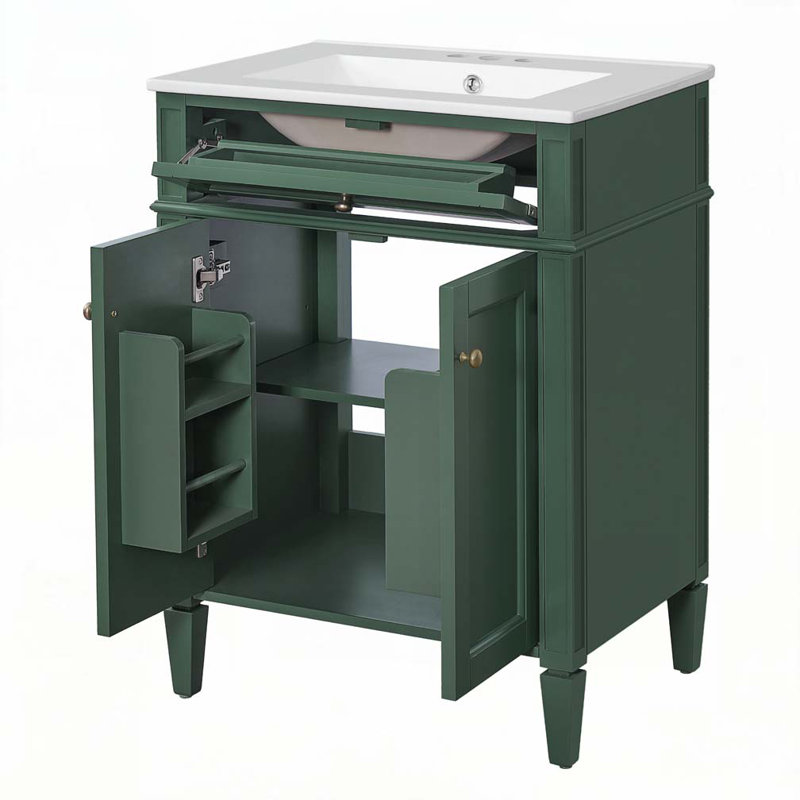 24" Bathroom Vanity with 2 Doors and Tip-Out Drawer, Green/Gold 