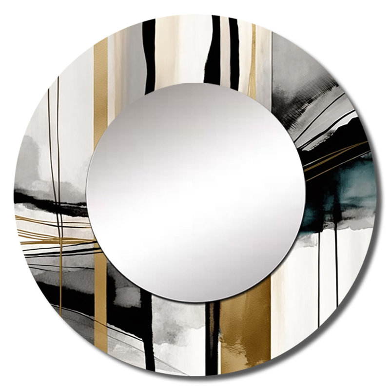 Quenia Abstract Transitional Modern Shapes II - miroir mural à formes abstraites, miroir décoratif rond noir, 23 po x 23 po