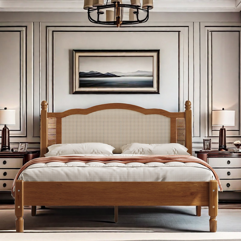 Bohemian Wooden Platform Bed With Natural Rattan Headboard And Arc Design, Walnut, Queen
