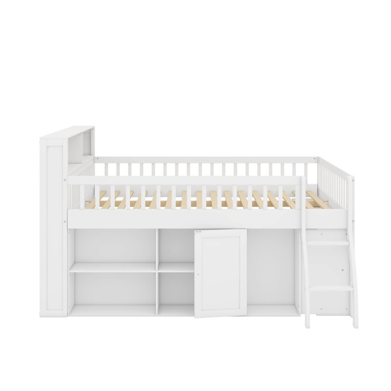 Queen Low Loft Bed With Storage Headboard And LED Lighting, Wooden Loft Bed Frame With Storage Shelves, White