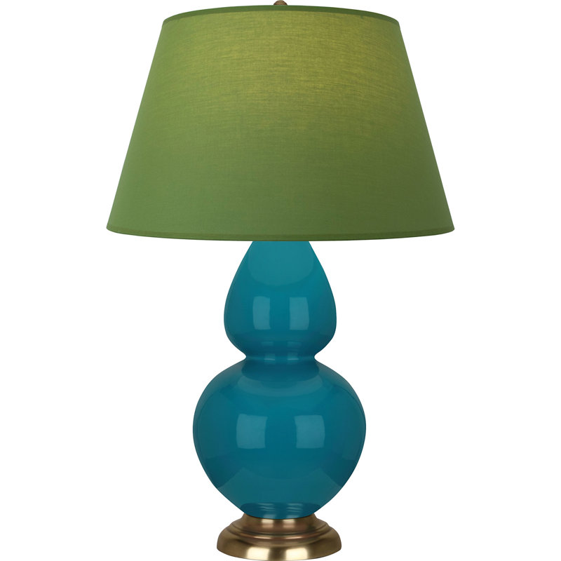 Lampe de table double gourde en céramique, Thé vert / taupe, Paon verni / laiton, Laiton