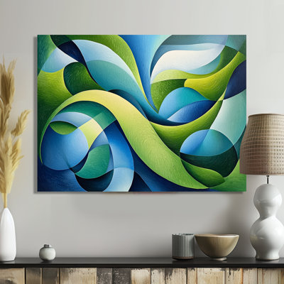 Organic Green And Blues Leaves Collage II - Abstract Cubism Metal Art, Modern Metal Print