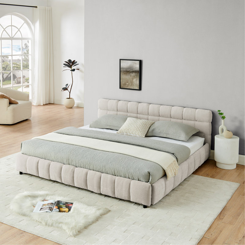 Très grand lit tapissier, cadre de lit rembourré confortable, tissu chenille, avec tête de lit et cadre de lit solide. Avec tiroir pour le rangement - beige (88,5 po x 85,5 po x 31 po)