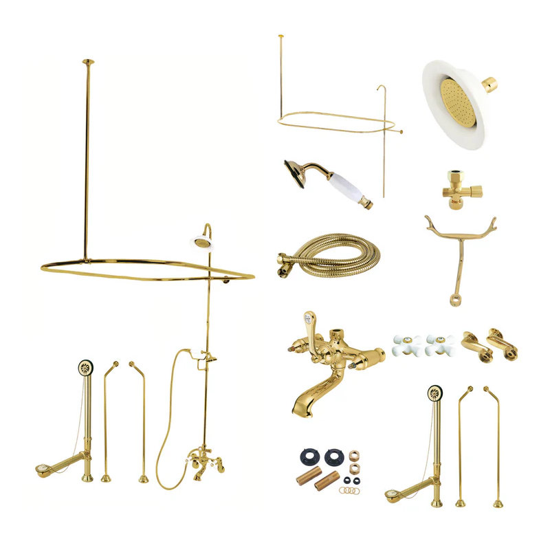 Kingston Brass Vintage Three-Handle 2-Hole Tub Wall Mount Clawfoot Tub Faucet Package with Shower Enclosure and Hand Shower