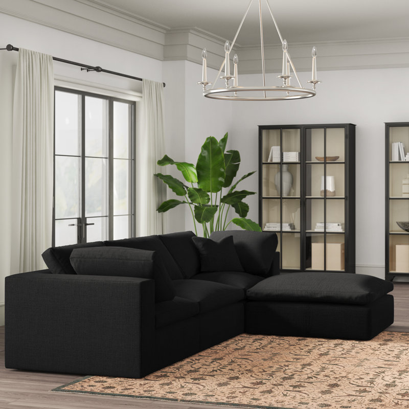 Canapé modulaire réversible de 119 po avec repose-pieds Burrows, Tissu texturé en lin noir