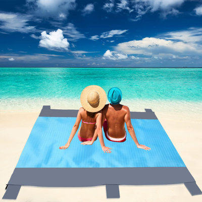 Beach Blanket Sandfree 108" X 85.5" Large Beach Mat For 5-8 Adults, Outdoor Waterproof Picnic Blanket For Camping, Hiking With 6 Zippered Storage Pockets And Stakes