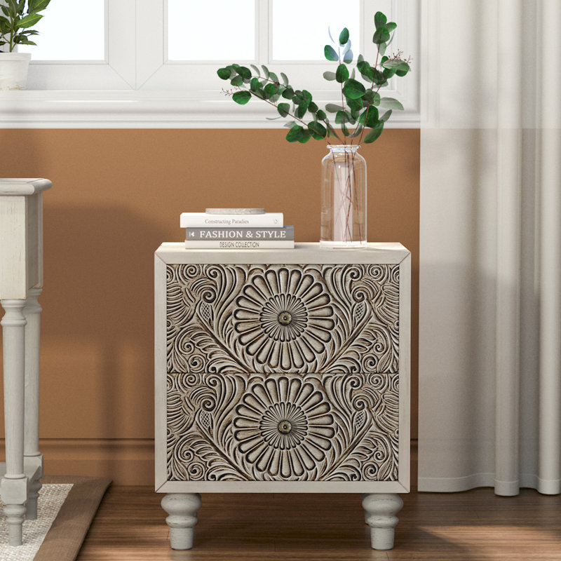18”W Nightstand with 2 Drawers, Hand-Carved Vintage Design