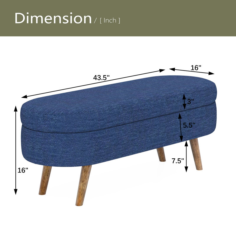 Ottoman Oval Storage Bench,Rubber Wood Legs, Blue
